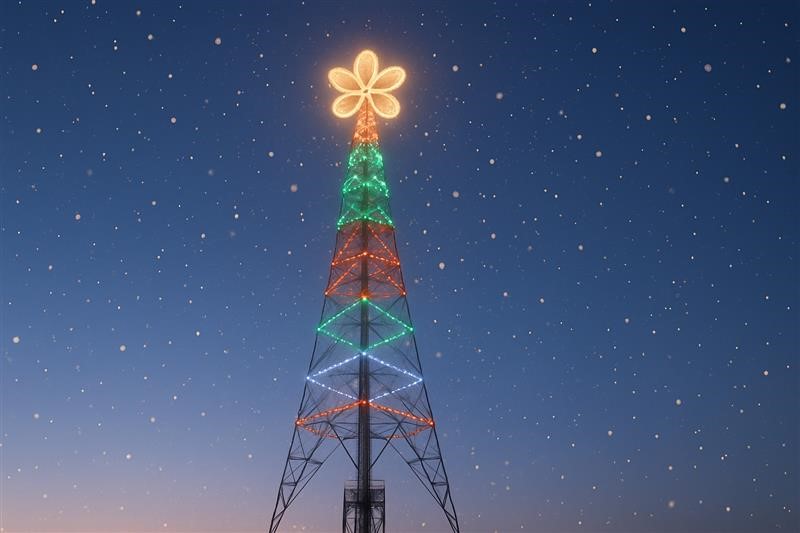 A tall metal tower decorated with colorful lights in a triangular pattern, resembling a Christmas tree. The lights are arranged in sections of red, green, and blue, with a glowing flower-shaped ornament at the top. Snowflakes are falling against a clear e. 