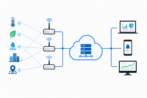 LoRaWAN network showing environmental and location sensors sending data through gateways to a cloud platform, with data viewed on computers and mobile devices.. 