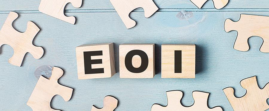 The letters E O I in the style of a puzzle.