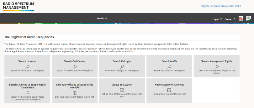 Landing page of Register of Radio Frequencies (RRF). 