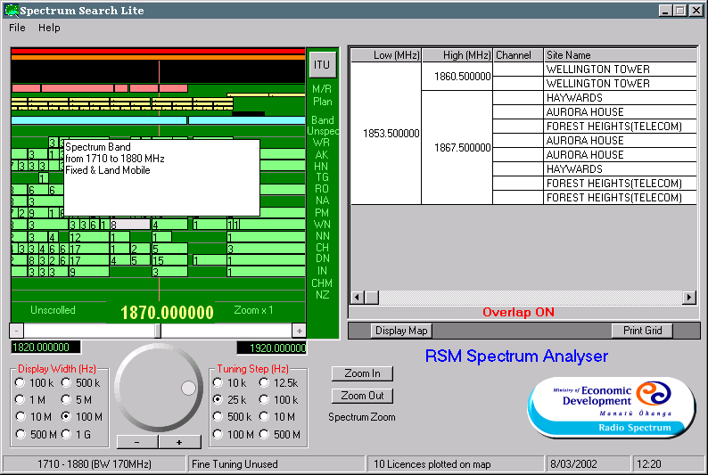 RSM Spectrum Analyser band plan details screen shot