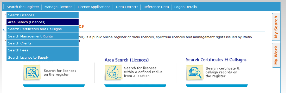 Area Search menu Item - click to view full size Area Search menu item