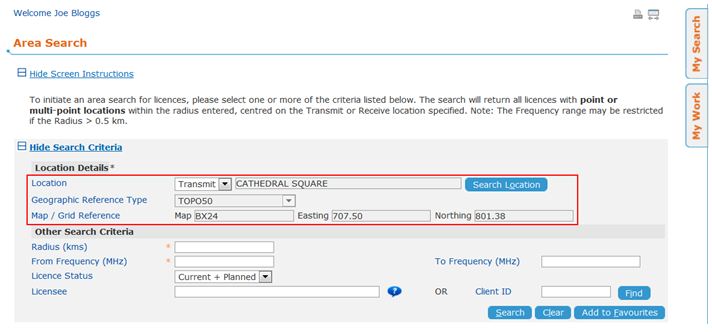 Area Search - click to view full size Area Search - selected location example