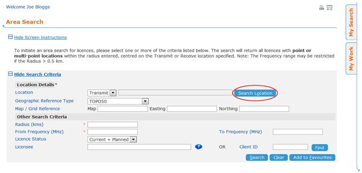 Area Search screen - click to view full size Area Search screen