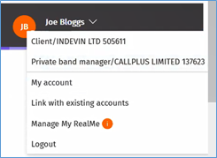 Screenshot showing Manage My RealMe dropdown