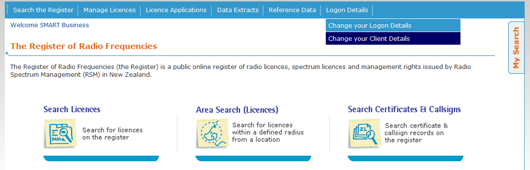 Change your client details - click to view full size The Register of Radio Frequencies - Change you Client Details screen shot