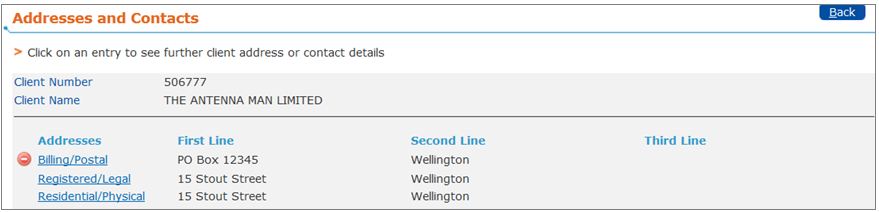 Maintain client details addresses and contacts - click to view full size Addresses and Contacts - screen shot