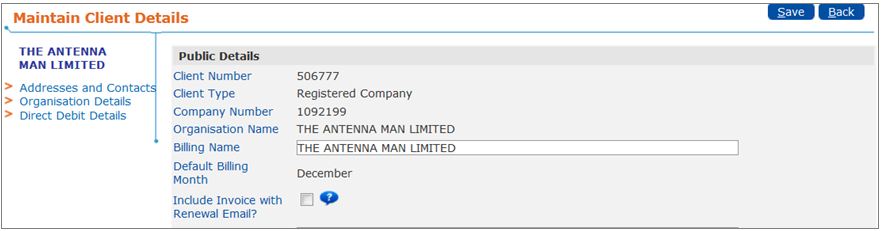 Maintain client details - click to view full size Maintain Client Details - screen shot