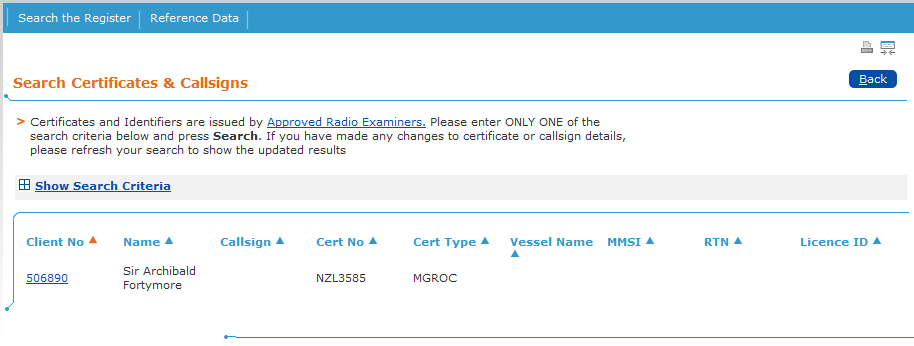 Step 4 - Maintain Client Details screen - click for fullsize image Search Certificates and Callsigns results