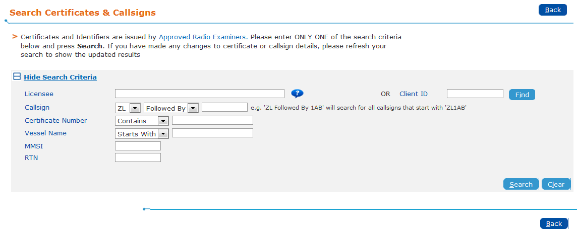 Search certificates and callsign screen - Click to view larger image Search Certificates and Callsigns screen