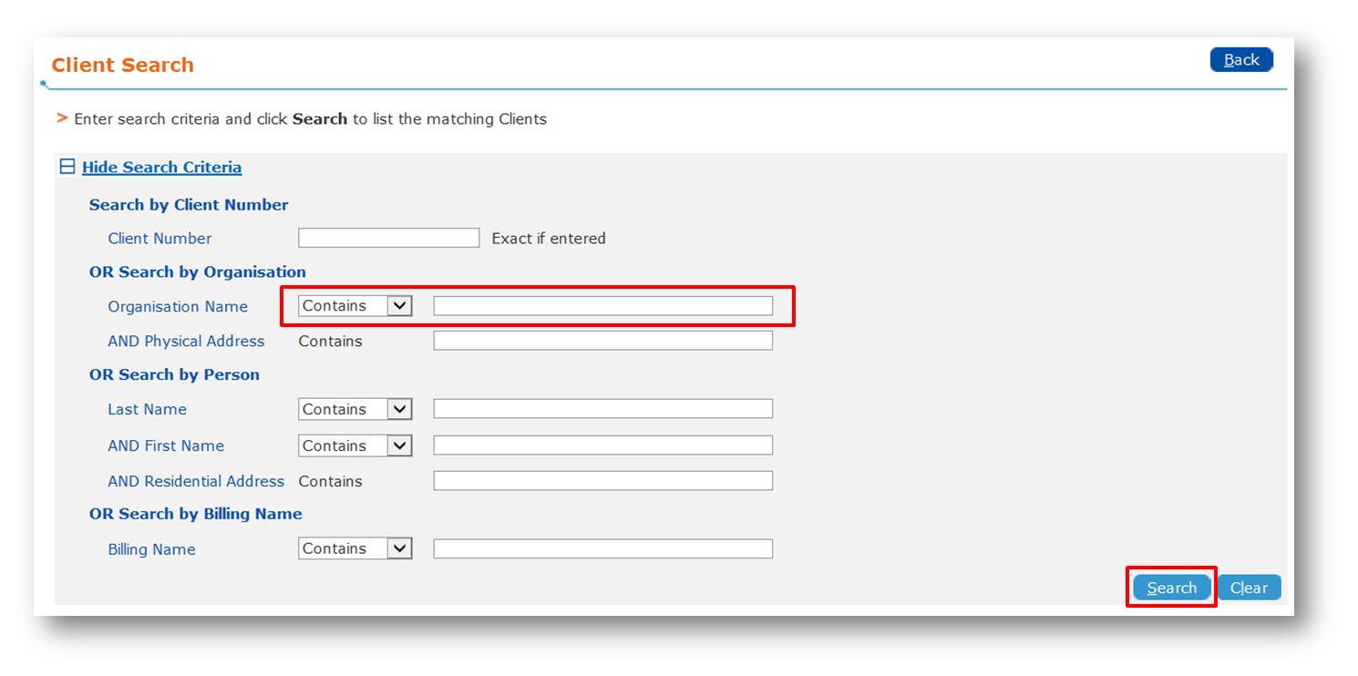 Client Search form - click to view full size Client Search form