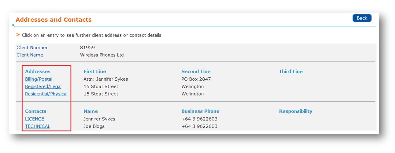 Addresses and Contacts screen