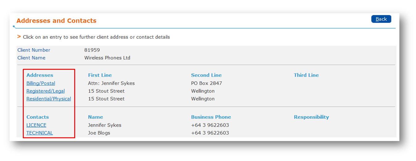 Addresses and Contacts screen - click to view full size Addresses and Contacts screen