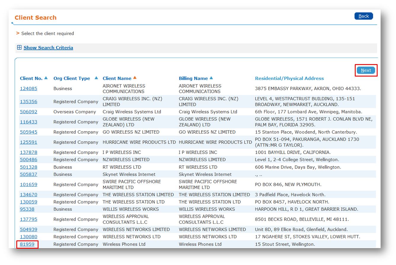 Client Search results - click to view full size image Client Search results