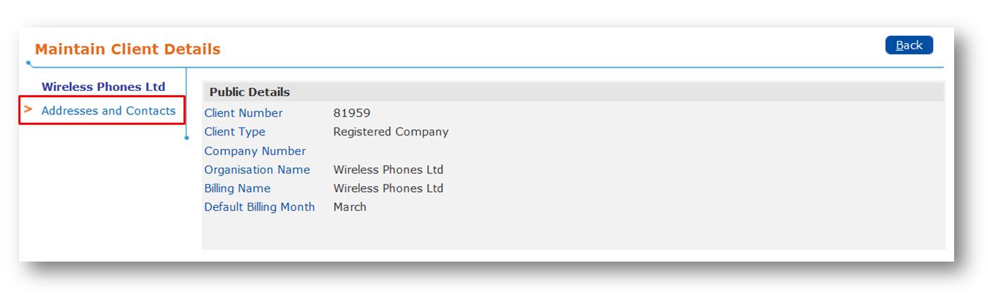 Maintain Client Details - click to view full screen Example of client public details screen